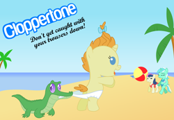 Size: 10877x7515 | Tagged: safe, artist:drewdini, bon bon, gummy, lyra heartstrings, pumpkin cake, sweetie drops, absurd resolution, assisted exposure, beach, bikini, clothes, copperpony, coppertone parody, diaper, swimsuit, wedgie
