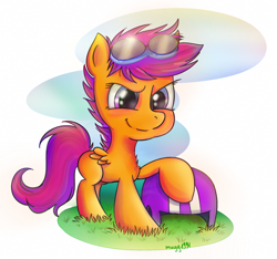 Size: 1840x1719 | Tagged: safe, artist:mugg1991, derpibooru import, scootaloo, pegasus, female, filly, goggles, grass, helmet, smiling, solo