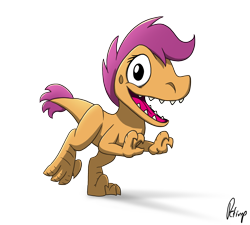 Size: 2287x2062 | Tagged: safe, artist:petirep, derpibooru import, scootaloo, dinosaur, velociraptor, cute, cutealoo, smiling, solo, species swap