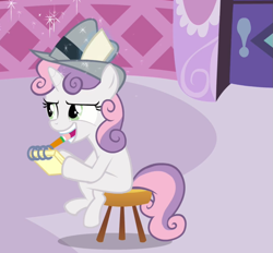 Size: 869x808 | Tagged: safe, derpibooru import, screencap, sweetie belle, ponyville confidential, hat, notepad, pencil, reporter, sitting, solo, stool