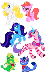 Size: 698x1144 | Tagged: safe, artist:sakuyamon, derpibooru import, cat, dragon, pegasus, pony, unicorn, zebroid, chloe (jewel riders), moondance (jewel riders), ponified, shadowsong (jewel riders), simple background, spike (jewel riders), sugar (jewel riders), transparent background