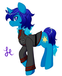 Size: 654x805 | Tagged: safe, artist:lolopan, derpibooru import, oc, oc only, oc:light shine, pony, unicorn, clothes, color, doodle, exorcist uniform, male, solo, stallion, uniform