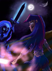 Size: 1024x1408 | Tagged: safe, artist:ringteam, nightmare moon, twilight sparkle, human, armor, clothes, confrontation, humanized, injured, mare in the moon, midriff, moon, sword, torn clothes, weapon, windswept mane