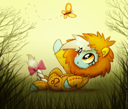 Size: 2645x2268 | Tagged: safe, artist:vulpessentia, derpibooru import, butterfly, bow, braided tail, clothes, costume, leo, on back, ponyscopes, solo, tail bow, zodiac