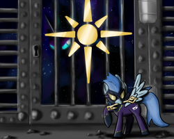 Size: 1024x819 | Tagged: safe, artist:scherzo, derpibooru import, nightmare moon, gate, key, mouth hold, prison, raised hoof, shadowbolts, spread wings