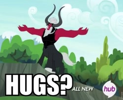 Size: 759x619 | Tagged: safe, derpibooru import, lord tirek, centaur, twilight's kingdom, horns, hub logo, hug, hug request, lord tirek's outstretched arms, male, meme, nose ring, open mouth, solo, text, tree