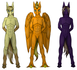 Size: 2200x2000 | Tagged: safe, artist:sunny way, oc, oc only, anthro, earth pony, pegasus, unguligrade anthro, arm behind back, barbie doll anatomy, commission, feather, rcf community, simple background, transparent background, unshorn fetlocks, wings