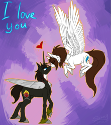 Size: 659x746 | Tagged: safe, artist:sunny way, oc, oc only, oc:alex, oc:sunny way, alicorn, pegasus, pony, aleway, alicorn oc, colored, feather, female, horn, love, lovely, male, rcf community, sketch, straight, wings
