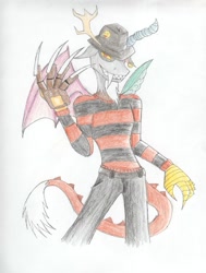 Size: 900x1193 | Tagged: safe, artist:lordvader914, derpibooru import, discord, cosplay, freddy krueger, nightmare on elm street, solo, traditional art