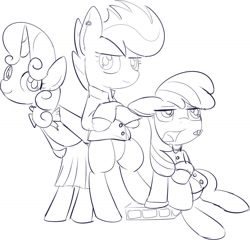 Size: 1280x1227 | Tagged: safe, artist:mcsadat, apple bloom, scootaloo, sweetie belle, bandage, clothes, cutie mark crusaders, earring, grayscale, monochrome, simple background