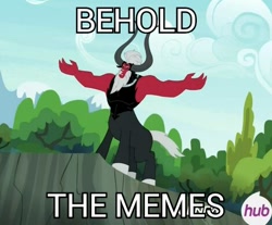 Size: 470x389 | Tagged: safe, derpibooru import, screencap, lord tirek, centaur, twilight's kingdom, cliff, horns, hub logo, image macro, lord tirek's outstretched arms, male, meme, nose ring, open mouth, solo, text, tree