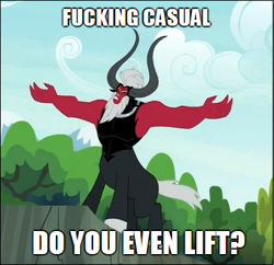 Size: 403x390 | Tagged: safe, derpibooru import, lord tirek, centaur, twilight's kingdom, do you even lift, horns, lord tirek's outstretched arms, male, meme, nose ring, open mouth, solo, text, tree, vulgar