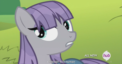 Size: 1439x761 | Tagged: safe, screencap, maud pie, maud pie (episode), hub logo, meme, solo, wet mane, youtube caption