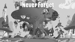 Size: 1280x720 | Tagged: safe, derpibooru import, edit, edited screencap, screencap, twilight's kingdom, caption, golden oaks library, grayscale, monochrome, never forget, save tree