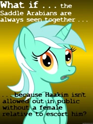 Size: 625x833 | Tagged: safe, derpibooru import, amira, haakim, lyra heartstrings, pony, saddle arabian, unicorn, conspiracy lyra, exploitable meme, female, green coat, horn, islam, looking at you, mare, matriarchy, meme, open mouth, religion, simple background, solo, text, two toned mane
