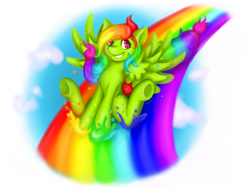 Size: 1280x960 | Tagged: safe, artist:bumblebeesandroses, derpibooru import, oc, oc only, oc:tabery bee, rainbow, simple background, solo, transparent background, underhoof