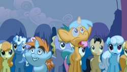 Size: 1365x768 | Tagged: safe, derpibooru import, screencap, bon bon, carrot top, cherry cola, cherry fizzy, golden harvest, linky, pokey pierce, ponet, rainbowshine, shoeshine, snails, snips, sweetie drops, boast busters, :o, background pony, frown, lighting, looking up, open mouth, smiling