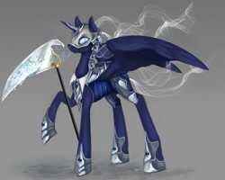 Size: 999x799 | Tagged: safe, artist:elkaart, oc, oc only, oc:lady masquerade, alicorn, pony, armor, mask, nightmare transformation, scythe, solo, spades, weapon