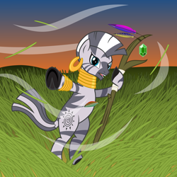 Size: 2900x2900 | Tagged: safe, artist:cheezedoodle96, derpibooru import, zecora, zebra, bipedal, druid, dungeons and dragons, solo, staff, sunset, vector, wind