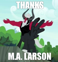 Size: 504x537 | Tagged: safe, derpibooru import, edit, edited screencap, screencap, lord tirek, alicorn, centaur, twilight's kingdom, caption, horns, image macro, lord tirek's outstretched arms, male, meme, nose ring, open mouth, solo, text, thanks m.a. larson, tree, xk-class end-of-the-world scenario