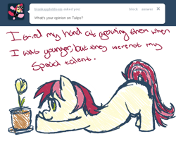 Size: 700x600 | Tagged: safe, roseluck, ask, filly, flower, rosereplies, solo, tumblr, younger