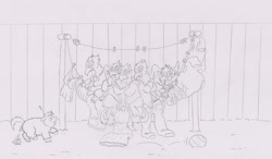 Size: 1500x878 | Tagged: safe, artist:santanon, derpibooru import, fluffy pony, griffon, clothes line, impending doom, monochrome, wrong neighborhood