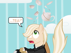 Size: 640x480 | Tagged: safe, artist:aha-mccoy, derpibooru import, oc, oc only, oc:jay aaron mclovin, earth pony, pony, nopony-ask-mclovin, cup, falling, male, saucer, solo, speech bubble, stallion, teacup, teapot