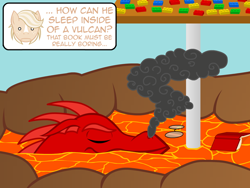 Size: 640x480 | Tagged: safe, artist:aha-mccoy, derpibooru import, oc, oc only, oc:jay aaron mclovin, oc:leroy, dragon, lava, lava bathing, offscreen character, sleeping, volcano