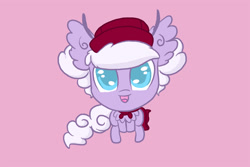 Size: 1800x1200 | Tagged: safe, oc, oc only, oc:dandelion, mothpony, original species, cape, christmas, clothes, filly, fluffy, hat, looking at you, looking up, moth pony general, open mouth, sitting, smiling, solo