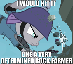 Size: 800x700 | Tagged: safe, derpibooru import, edit, edited screencap, screencap, maud pie, maud pie (episode), caption, elbow pads, helmet, i'd fuck it, image macro, innuendo, meme, pickelhaube, reaction image, rock, solo