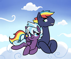 Size: 979x816 | Tagged: safe, artist:kianamai, oc, oc only, oc:prism bolt, oc:whirlwind, cloud, cloudy, cuddling, grin, kilalaverse, next generation, offspring, parent:cloudchaser, parent:rainbow dash, parent:soarin', parent:thunderlane, parents:soarindash, parents:thunderchaser, prone, smiling, snuggling, story included