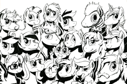 Size: 900x596 | Tagged: safe, artist:darkhestur, derpibooru import, oc, oc only, lots of characters, milestone, monochrome