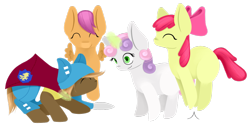 Size: 1256x636 | Tagged: safe, artist:lucky-jacky, derpibooru import, apple bloom, scootaloo, sweetie belle, clothes, crossover, cutie mark crusaders, jumping, magic, wakfu, wakfu: the animated series, yugo