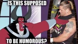 Size: 640x360 | Tagged: safe, derpibooru import, lord tirek, human, twilight's kingdom, hugh morrus, image macro, irl, irl human, is this supposed to be humorous, meme, nose piercing, nose ring, photo, piercing, pun, wcw, wrestling