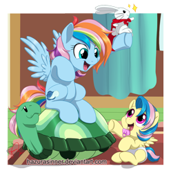 Size: 968x974 | Tagged: safe, artist:hazurasinner, derpibooru import, angel bunny, tank, oc, oc:harmony (hazurasinner), oc:windy belle, pegasus, pony, baby, baby pony, cape, clothes, cute, diaper, foal, magical lesbian spawn, offspring, open mouth, pacifier, parent:fluttershy, parent:rainbow dash, parents:flutterdash, pointing, sisters, sitting, smiling, spread wings