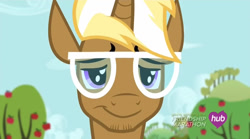 Size: 854x475 | Tagged: safe, screencap, trenderhoof, simple ways, glasses, hipster, hub logo, solo, unimpressed