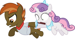 Size: 8102x4175 | Tagged: safe, artist:stillfire, derpibooru import, button mash, sweetie belle, absurd resolution, clothes, don't mine at night, jumping, pickaxe, scarf, shipping, shirt, simple background, transparent background, vector