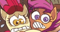 Size: 332x180 | Tagged: safe, idw, apple bloom, scootaloo, sweetie belle, cutie mark crusaders, reaction image