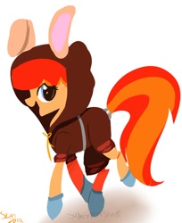 Size: 808x989 | Tagged: source needed, safe, artist:sugarypinkskulls, derpibooru import, oc, oc only, oc:film flick, earth pony, pony, bunny ears, clothes, dangerous mission outfit, female, hoodie, mare, solo