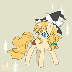 Size: 600x600 | Tagged: safe, artist:nekoya saki, female, glare, hat, kirisame marisa, looking back, mare, pixiv, ponified, smiling, solo, touhou, witch hat