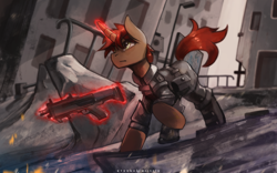 Size: 1400x875 | Tagged: safe, artist:foxinshadow, oc, oc only, pony, unicorn, clothes, gun, kel-tec ksg-12, shotgun, solo, weapon