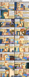 Size: 1282x3304 | Tagged: safe, button mash, oc, oc:cream heart, earth pony, pony, comic:celestia's servant interview, bedroom eyes, cans, caption, colt, comic, cooking, cs captions, female, floppy ears, foal, french fries, interview, ketchup, kitchen, male, mare