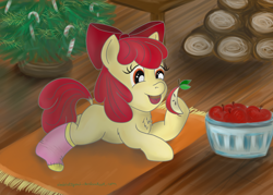 Size: 3200x2290 | Tagged: safe, artist:cwossie, apple bloom, apple, candy cane, carpet, christmas, christmas tree, clothes, socks, solo, tree