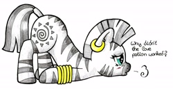 Size: 6855x3498 | Tagged: safe, artist:warumono1989, zecora, zebra, blushing, sad, solo