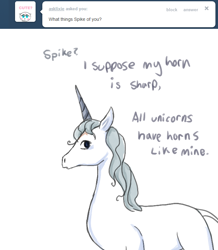 Size: 680x780 | Tagged: safe, artist:moonblizzard, amalthea, ask, rarity answers, solo, the last unicorn, tumblr