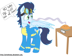 Size: 1024x794 | Tagged: safe, artist:artistbrony, soarin', pie, solo, that pony sure does love pies, wonderbolts uniform