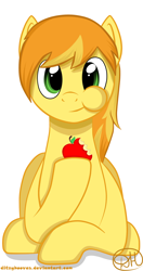 Size: 1354x2556 | Tagged: safe, artist:shiarr, braeburn, :t, apple, eating, simple background, solo