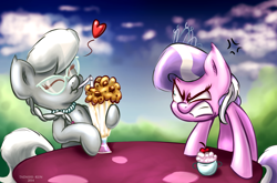 Size: 1200x792 | Tagged: safe, artist:tadashi--kun, diamond tiara, silver spoon, pinkie pride, glasses, heart, jealous, milkshake, scene interpretation