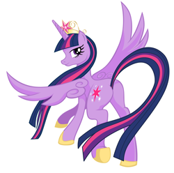 Size: 1024x1016 | Tagged: safe, artist:wangkingfun, twilight sparkle, twilight sparkle (alicorn), alicorn, pony, big crown thingy, female, hoof shoes, jewelry, looking at you, mare, older, regalia, simple background, solo, spread wings, twibutt, ultimate twilight, white background, wings