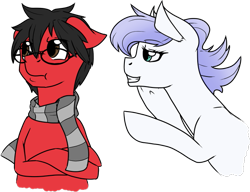 Size: 569x437 | Tagged: safe, artist:baka, oc, oc only, earth pony, pony, annoyed, antagonist, clothes, crowneprince, female, glasses, male, mare, no trolling, protagonist, request, sarcasm, scarf, solratic, spiky mane, stallion, winner, winning personality